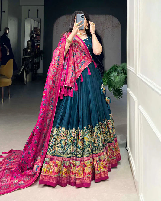 Pink Color Tussar Silk Printed With Foil Work Lehenga Choli