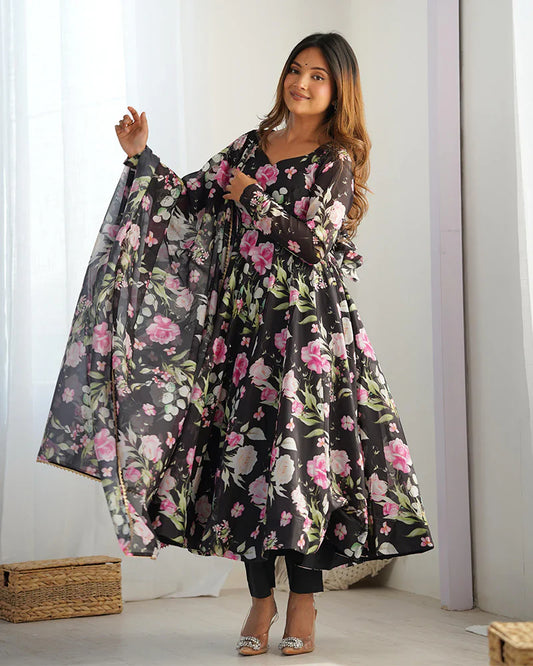 Black Color Pure Soft Organza Three Piece Anarkali Suit